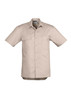 A lightweight short sleeve work shirt in beige, featuring two front pockets and a logo label.