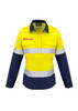 A women's long-sleeve safety shirt featuring a vibrant yellow and navy design, with reflective tape and a logo.