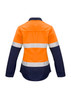 A women's safety shirt featuring an orange and navy design, with reflective tape across the front and back.