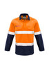 FR closed front hooped taped shirt in orange and navy, featuring reflective stripes and a logo. Long sleeves with pockets.