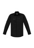 A black long-sleeve stretch shirt featuring a front pocket and a logo. Suitable for workwear purposes.