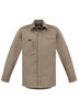 A beige long-sleeve stretch shirt with a chest pocket and branding, suitable for workwear.