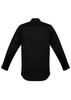 A black long-sleeve shirt featuring a textured back and a collar, designed for workwear. Includes a brand logo.