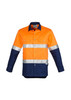 An orange and navy long sleeve work shirt with reflective stripes and a logo.