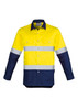 A long sleeve men's work shirt in high-visibility yellow and navy, featuring reflective hoop tape and a logo.