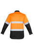 Men's industrial long sleeve shirt in orange and black, featuring reflective hoop tape and a branding logo.