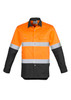 Men's industrial long sleeve shirt in orange and black, featuring hoop tape reflective strips and pockets. Includes logo branding.
