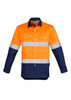 A men's long sleeve work shirt featuring orange and navy fabric with reflective hoop tape. It has a logo on it.