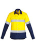 A long sleeve women's work shirt in bright yellow and navy, featuring reflective hoop tape and a front pocket.