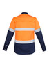 A long sleeve work shirt in orange and navy with reflective hoop tape for visibility and safety. Features a logo.