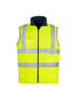 A lightweight waterproof vest in high visibility yellow, featuring reflective stripes and a zip front. It has a logo.