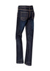 A pair of women's stretch denim work jeans in dark blue, featuring back pockets and contrasting stitching.