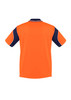 A short sleeve polo shirt in orange and navy, featuring a contrasting design and a logo.