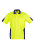 A high-visibility short sleeve polo shirt in bright yellow with navy accents and a pocket. Features a logo.