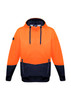 A unisex hi-vis textured jacquard hoodie in bright orange and navy, featuring a logo and a kangaroo pocket.