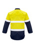 A hi-vis shirt featuring a yellow upper section and navy blue lower portion with reflective hoop tape.