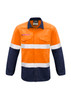Hi-vis long-sleeve work shirt in orange and navy blue with hoop tape detailing and two front pockets.