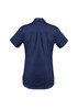 A navy women's lightweight tradie short sleeve shirt with a classic collar and back yoke detailing.