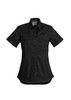 A black short sleeve women’s work shirt featuring a collar and button-up design, with a chest pocket and branding.
