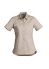 A lightweight short sleeve shirt in a light beige colour, featuring a button-up front and a logo.