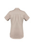 A short sleeve women's work shirt in a light beige colour, featuring a back yoke and a brand logo.