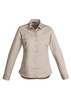 A Women's lightweight long sleeve shirt in beige with a collar and button-up front, featuring a pocket and branding.