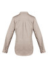 A women's lightweight long sleeve shirt in beige, featuring a back pleat and buttoned sleeves. It has a logo on the collar.