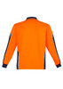 An orange long sleeve polo shirt featuring navy blue accents and reflective elements, with a branding logo.
