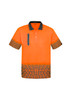 A high visibility short sleeve polo shirt in vibrant orange with a patterned design at the hem. Includes a branding logo.