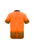 An orange short sleeve polo with a patterned black bottom and a collar, featuring a logo.