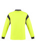 A long sleeve polo in hi-vis yellow with black accents and a collar. It features a logo on the front.