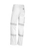 White work pants featuring reflective strips and a logo, designed for durability and comfort.
