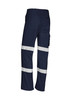 Navy work pants with reflective white stripes and pockets, featuring a logo on the back.