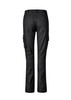 Black women's rugged cargo pants featuring multiple side pockets and a fitted design. Back view displayed.
