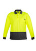 A long sleeve polo shirt in high visibility yellow with a black lower section and a chest pocket. It features a logo.