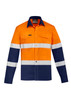 A long sleeve work shirt in orange and navy, featuring reflective stripes and a logo.