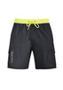 Men's board shorts in black with a subtle pattern, featuring a bright yellow drawstring and side pockets.