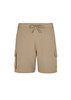 Men's beige board shorts with an elastic waistband, side pockets, and a logo on the side.