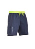 Men's navy board shorts with a contrast neon green waistband and drawstring, featuring cargo pockets and branding.
