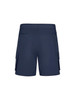 A pair of navy men's board shorts featuring cargo pockets and an elastic waistband. The shorts have a small logo.