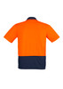 An orange and navy short sleeve polo shirt with a logo, designed for workwear.