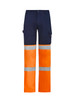 Hi-vis taped pants featuring a navy base with bright orange stripes and reflective tape. Includes cargo pockets.