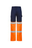 Hi-vis taped work pants in navy and orange with reflective strips and cargo pockets. Features a logo on the back.