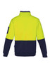 A unisex hi-vis pullover in fluorescent yellow and navy, featuring a quarter zip and a logo patch on the sleeve.