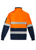 A unisex hi-vis pullover in orange and navy, featuring hoop tape for visibility and a branding logo on the sleeve.