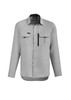 A grey long sleeve button-up shirt with two chest pockets and a zippered pocket. It features a logo.