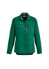 A green women's outdoor long sleeve button-up shirt featuring two front pockets and a zipper pocket, with a logo.