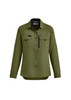 A women's long sleeve button-up shirt in olive green, featuring two chest pockets and a logo.