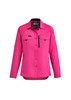 A pink women's outdoor long sleeve shirt with a button-up front and two chest pockets, featuring a logo.