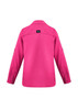 A pink women's outdoor long sleeve button-up shirt with a logo on the back. Features roll-up sleeves.